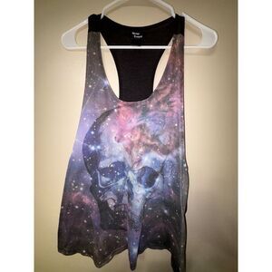 Size L Teenage Runaway Black Purple Galaxy Skull Racerback Scoop‎ Neck Tank Top
